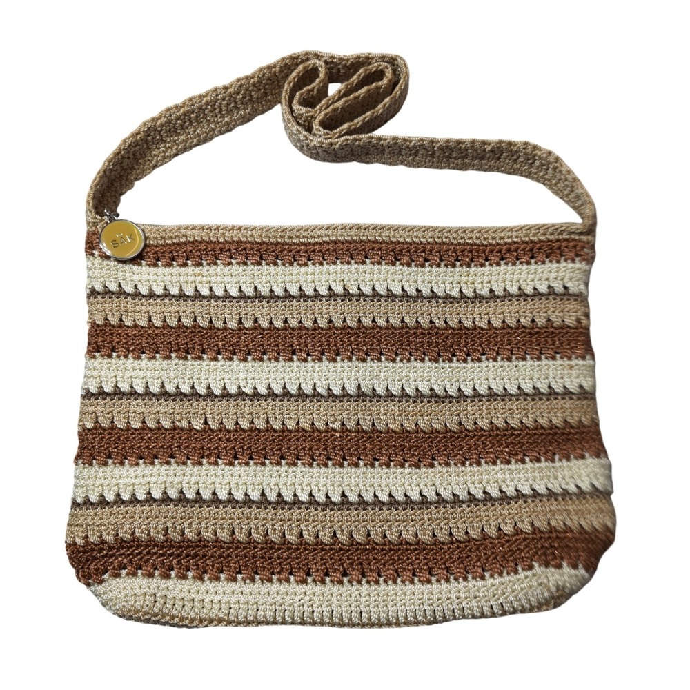 The Sak Crochet Shoulder Bag Womens Medium Brown Tan‎ Striped Boho Zip Pouch
